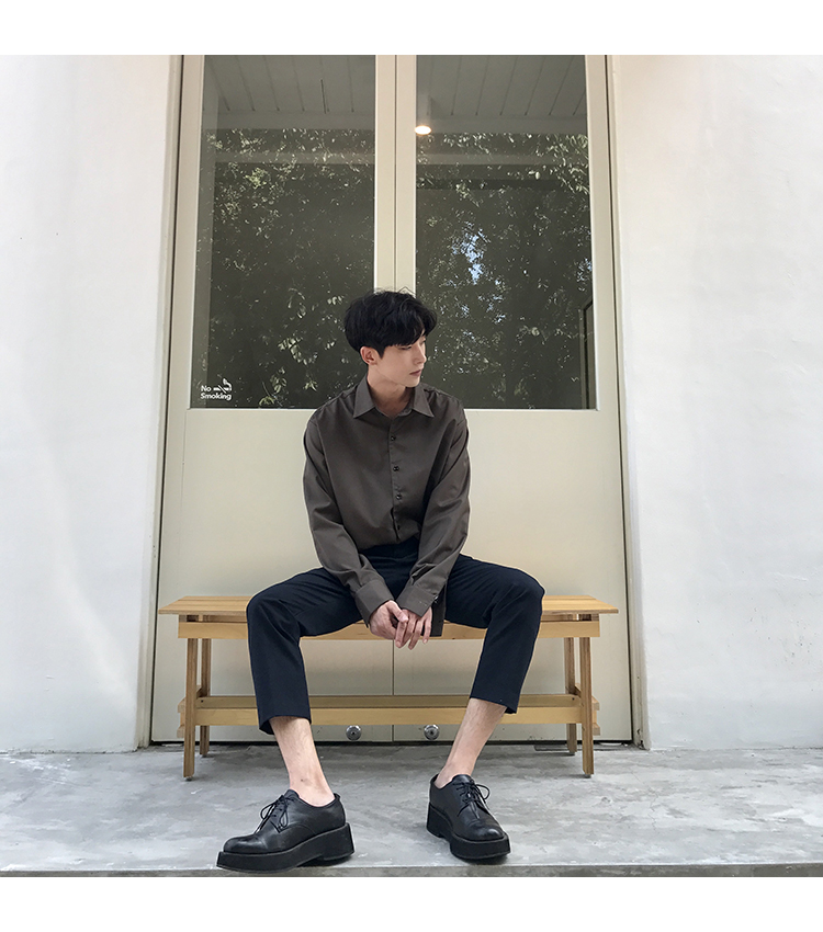 自制韩国早秋新品深咖啡色纯色宽松版长袖衬衫 男-13.jpg