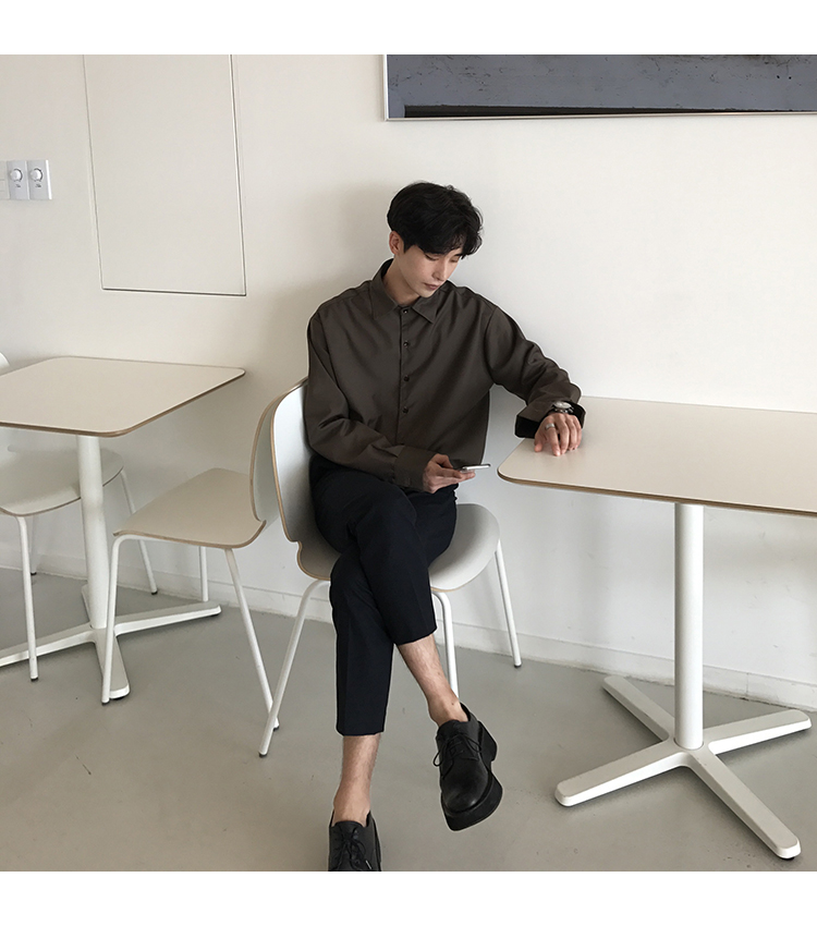 自制韩国早秋新品深咖啡色纯色宽松版长袖衬衫 男-18.jpg