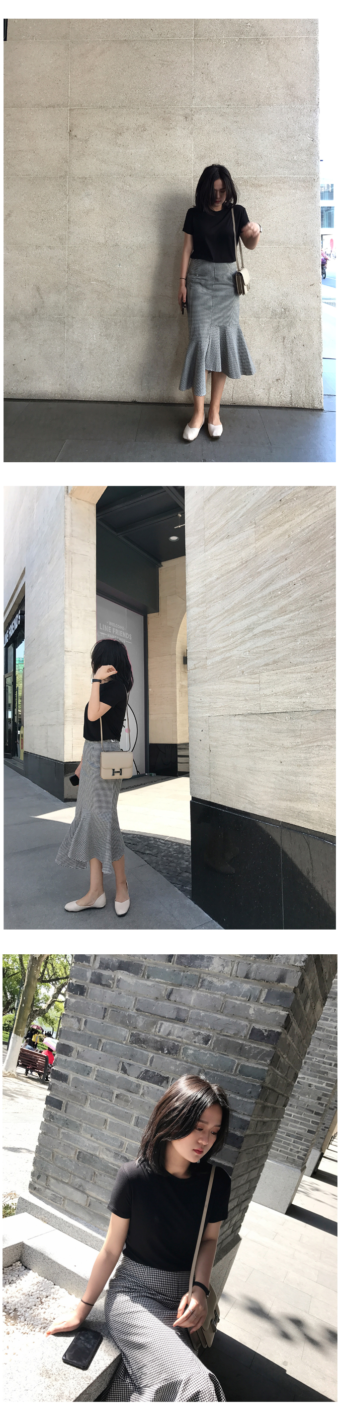 小鱼尾 99棉黑白格纹千鸟格不规则高腰鱼尾半裙女-4.jpg