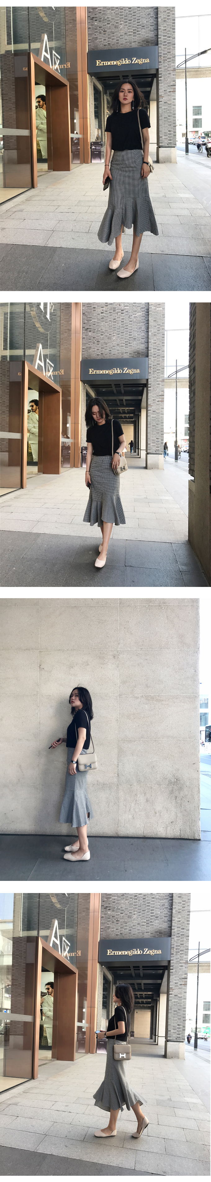 小鱼尾 99棉黑白格纹千鸟格不规则高腰鱼尾半裙女-3.jpg