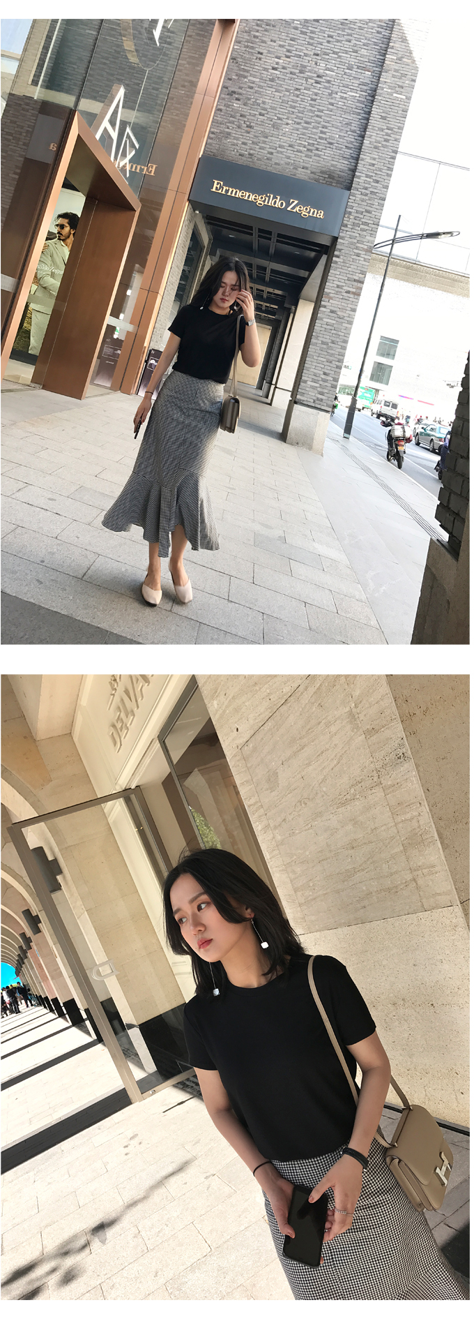 小鱼尾 99棉黑白格纹千鸟格不规则高腰鱼尾半裙女-5.jpg