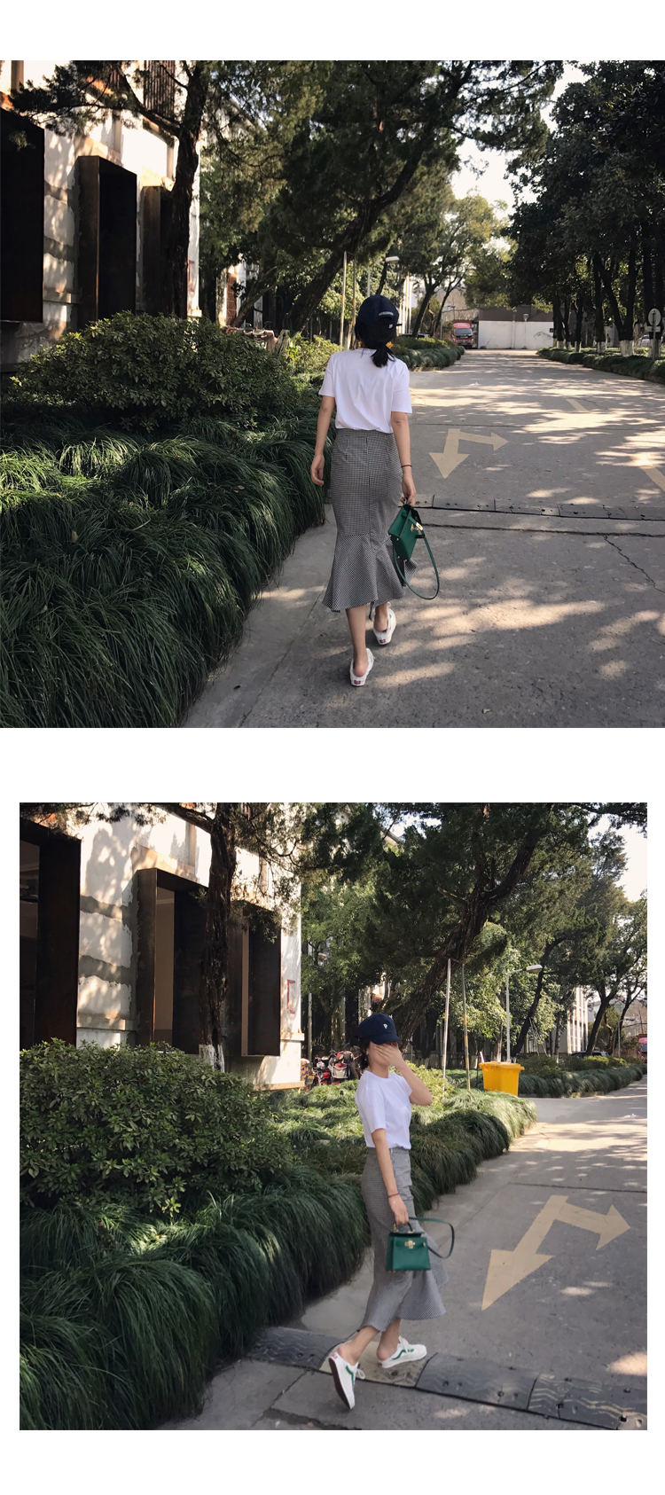 小鱼尾 99棉黑白格纹千鸟格不规则高腰鱼尾半裙女-6.jpg