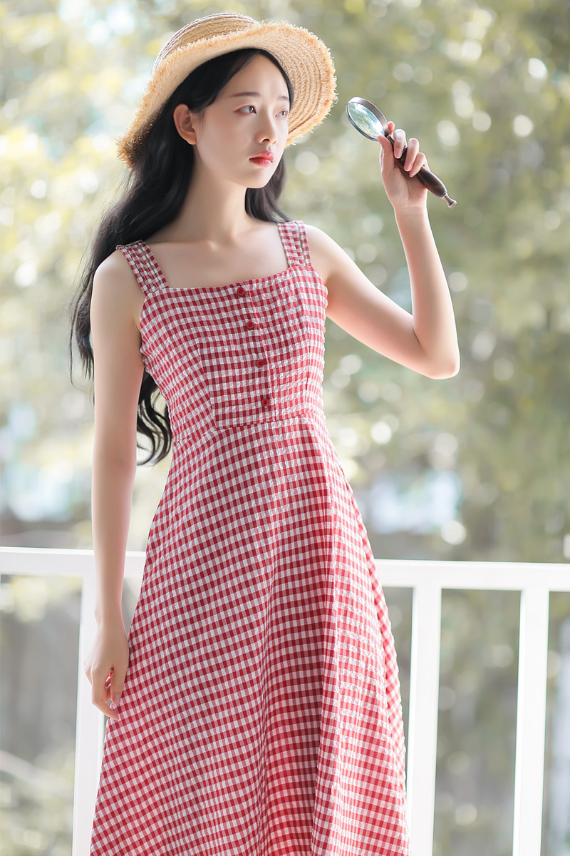 法式复古格子连衣裙收腰显瘦清新中长款过膝吊带裙女2019夏季新款-10.jpg