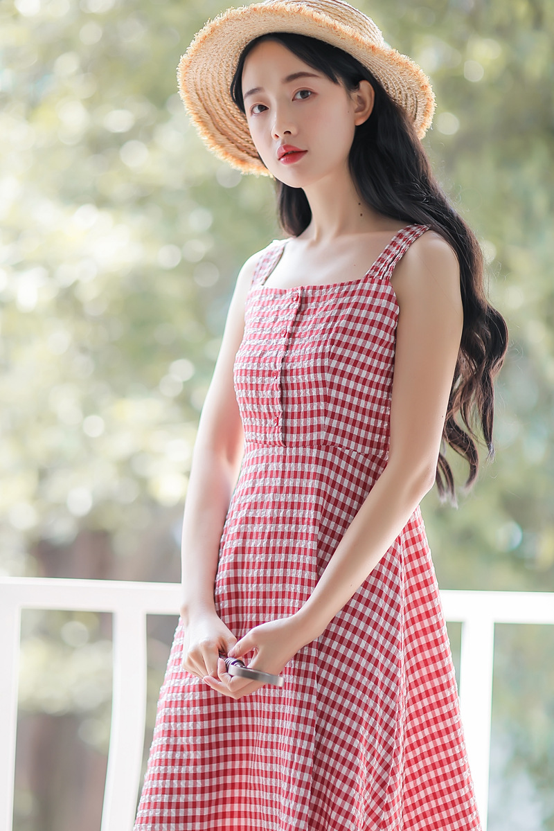法式复古格子连衣裙收腰显瘦清新中长款过膝吊带裙女2019夏季新款-11.jpg