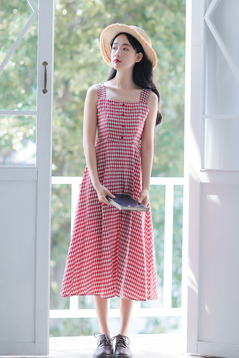 法式复古格子连衣裙收腰显瘦清新中长款过膝吊带裙女2019夏季新款-13.jpg