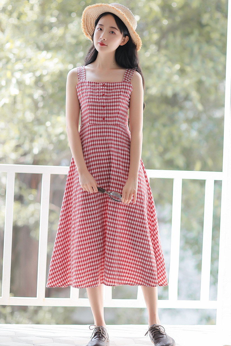 法式复古格子连衣裙收腰显瘦清新中长款过膝吊带裙女2019夏季新款-16.jpg