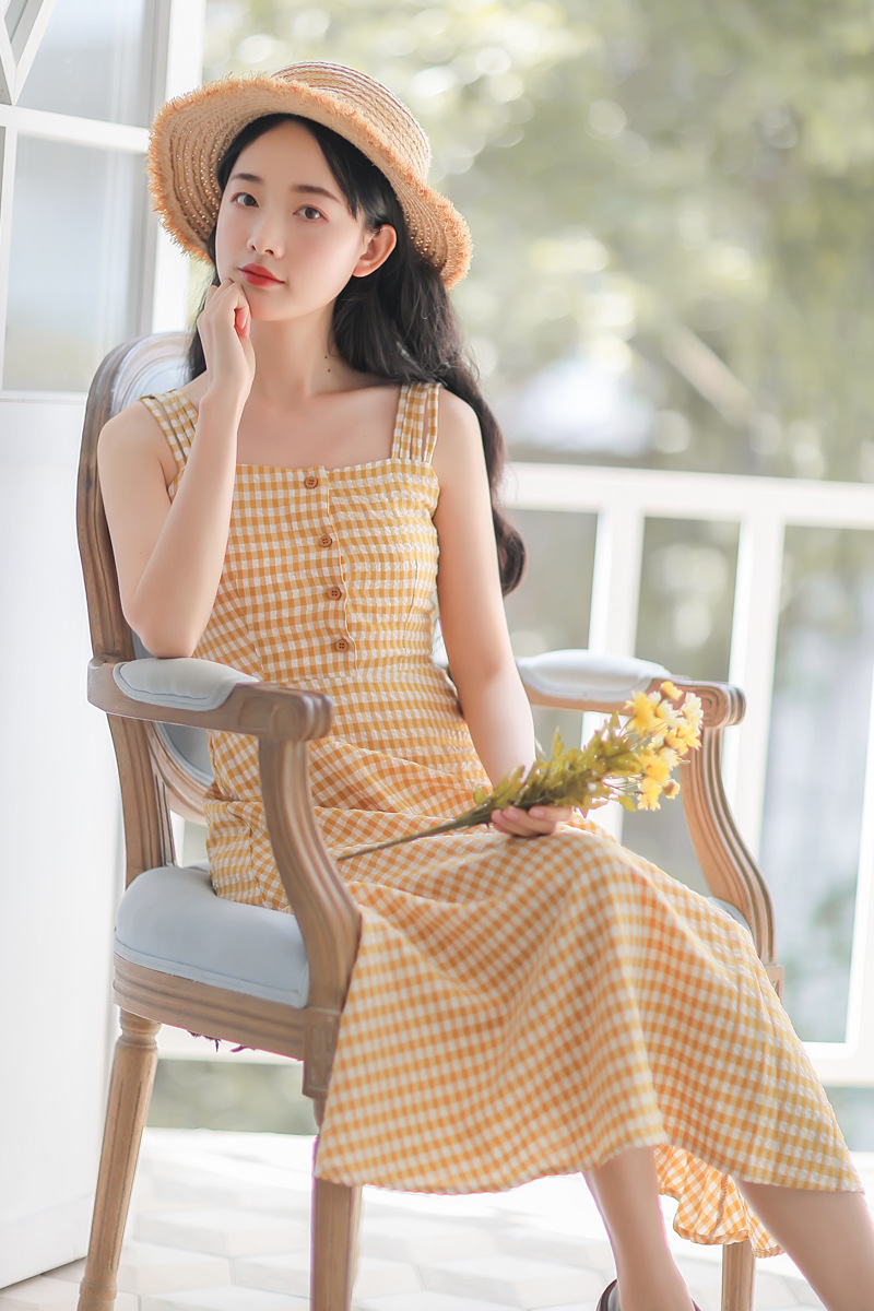 法式复古格子连衣裙收腰显瘦清新中长款过膝吊带裙女2019夏季新款-23.jpg