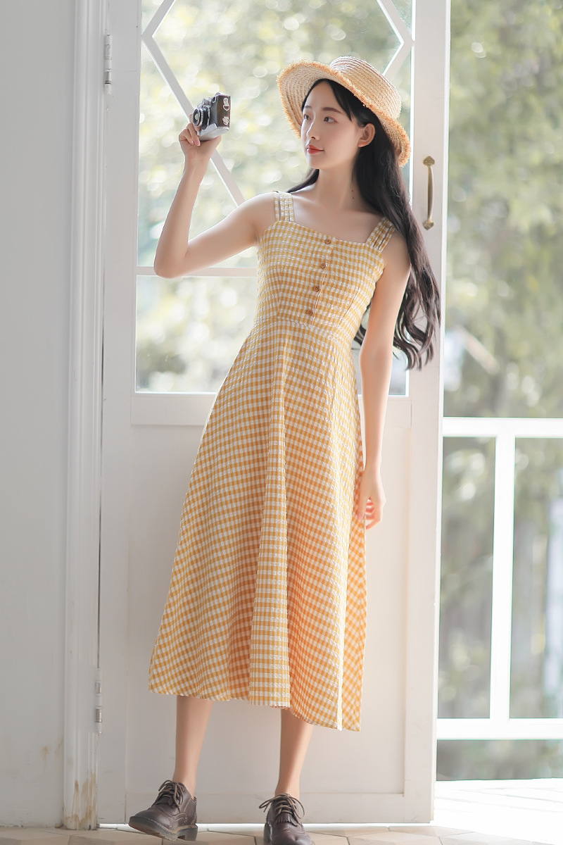 法式复古格子连衣裙收腰显瘦清新中长款过膝吊带裙女2019夏季新款-22.jpg