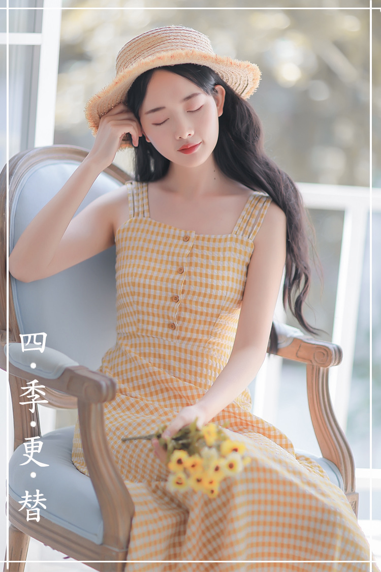 法式复古格子连衣裙收腰显瘦清新中长款过膝吊带裙女2019夏季新款-25.jpg