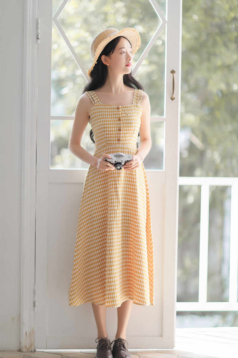 法式复古格子连衣裙收腰显瘦清新中长款过膝吊带裙女2019夏季新款-28.jpg