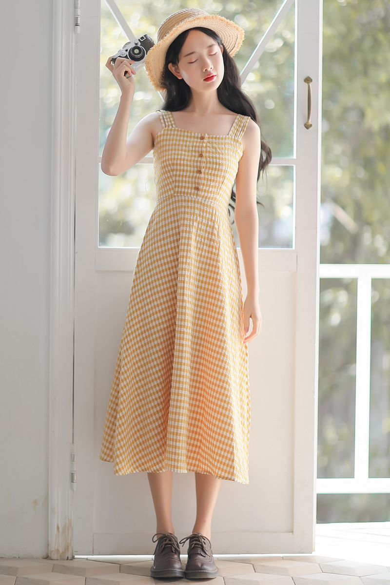 法式复古格子连衣裙收腰显瘦清新中长款过膝吊带裙女2019夏季新款-27.jpg