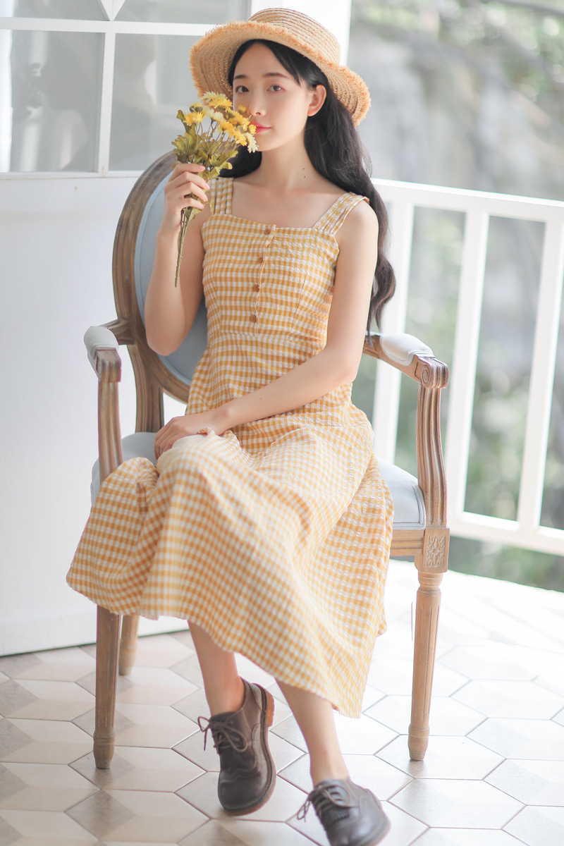 法式复古格子连衣裙收腰显瘦清新中长款过膝吊带裙女2019夏季新款-29.jpg