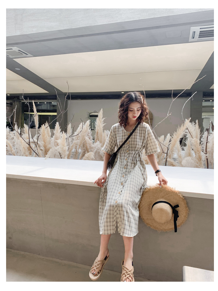 棉麻复古格子连衣裙夏学生ins-9.jpg