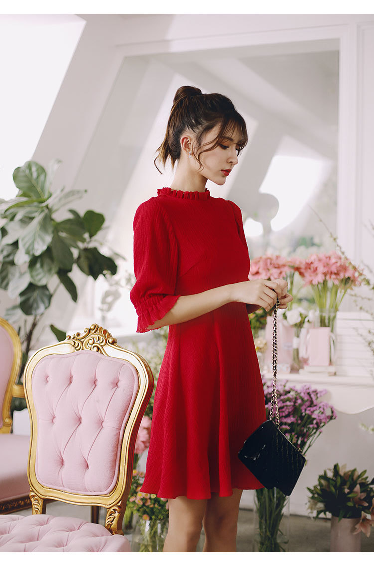 春上新复古小红裙高腰优雅赫本风雪纺连衣裙夏女新娘回门订婚礼服-8.jpg