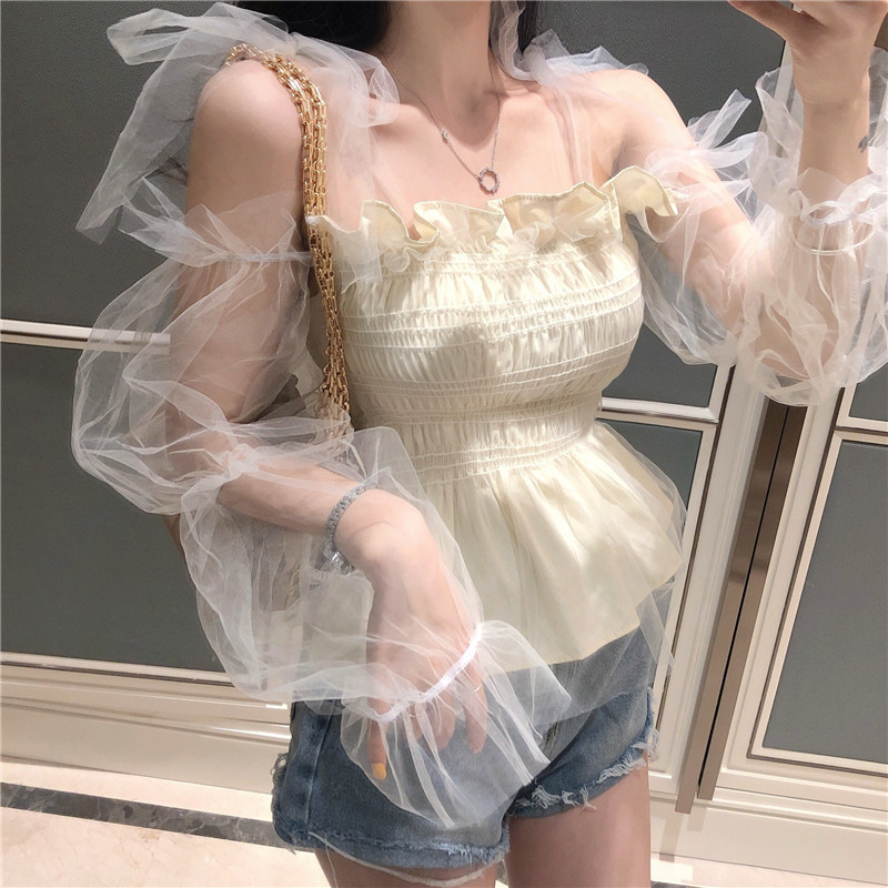 夏季女装新款chic气质修身网纱拼接泡泡袖收腰假两件雪纺上衣-4.jpg