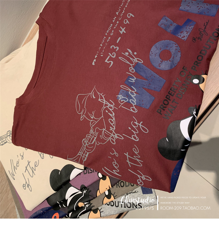 迪士尼三只小猪字母印花卡通短袖T恤女韩版宽松情侣装上衣-23.jpg