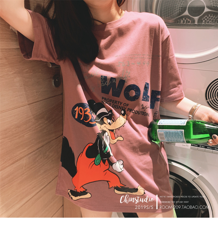 迪士尼三只小猪字母印花卡通短袖T恤女韩版宽松情侣装上衣-42.jpg