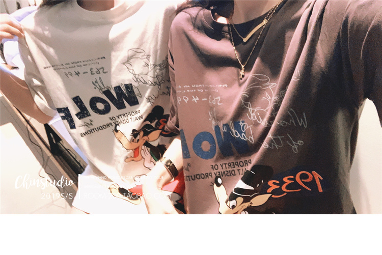 迪士尼三只小猪字母印花卡通短袖T恤女韩版宽松情侣装上衣-45.jpg
