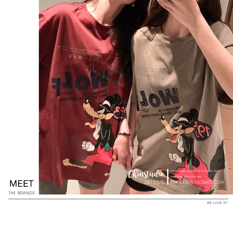迪士尼三只小猪字母印花卡通短袖T恤女韩版宽松情侣装上衣-46.jpg