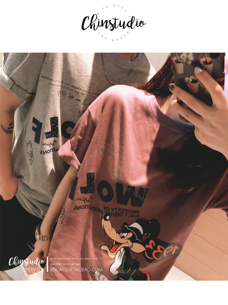 迪士尼三只小猪字母印花卡通短袖T恤女韩版宽松情侣装上衣-54.jpg