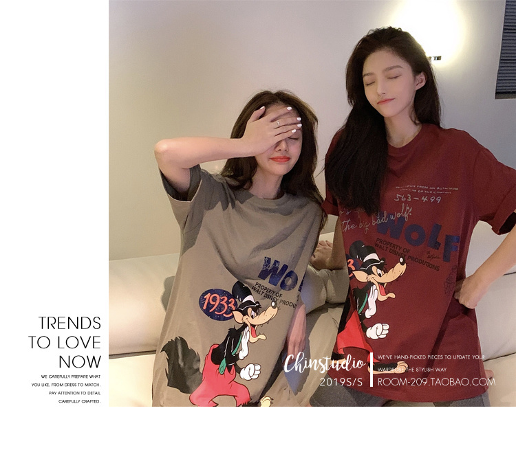 迪士尼三只小猪字母印花卡通短袖T恤女韩版宽松情侣装上衣-58.jpg