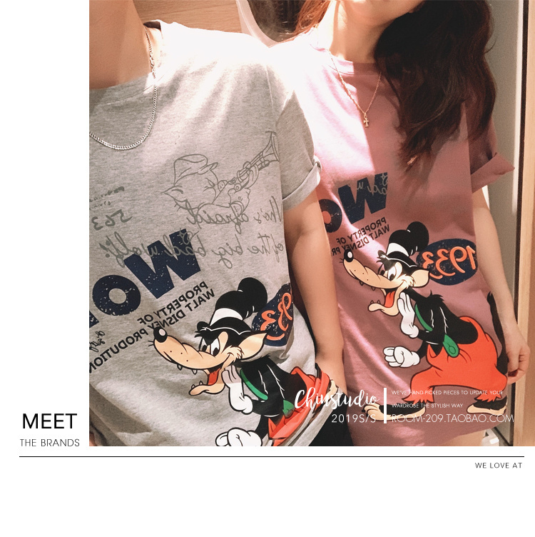 迪士尼三只小猪字母印花卡通短袖T恤女韩版宽松情侣装上衣-64.jpg