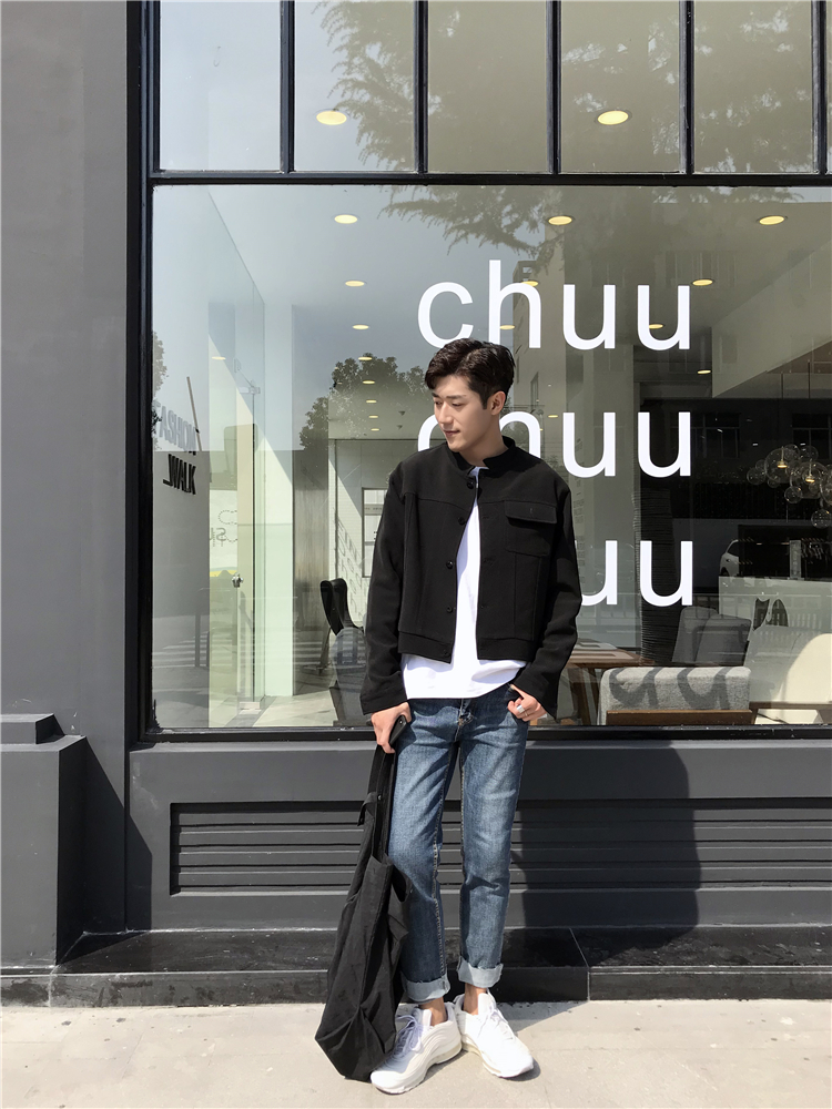简约时尚百搭 chic 短款黑色单边口袋长袖夹克男-7.jpg