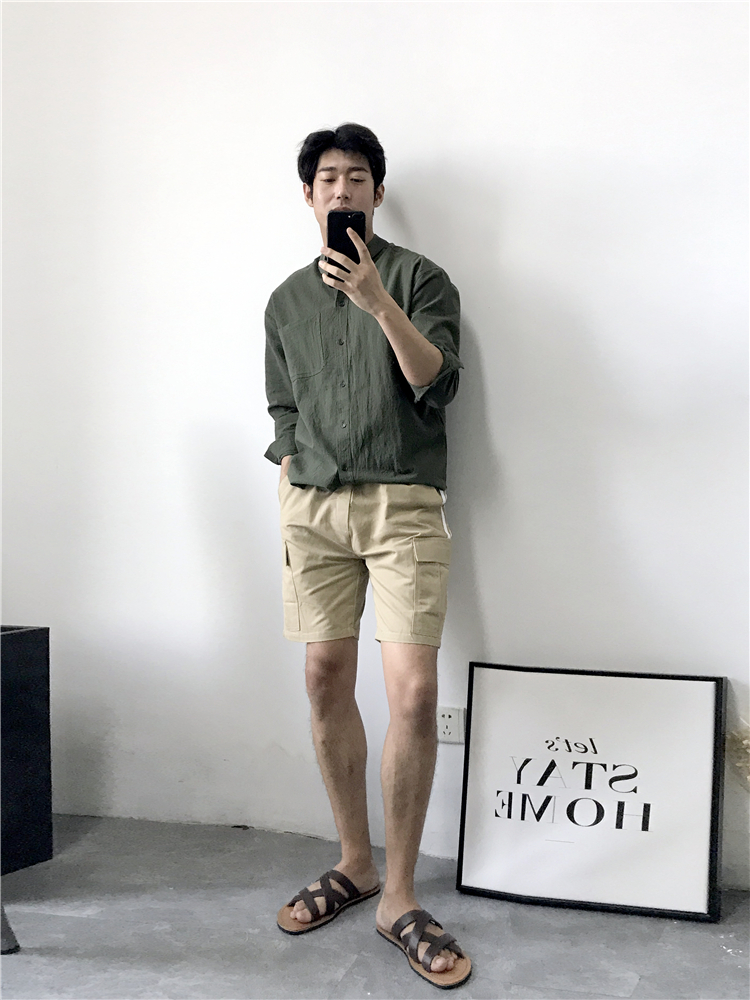 简约百搭男士纯色宽松七分袖白衬衫立领衬衫-12.jpg