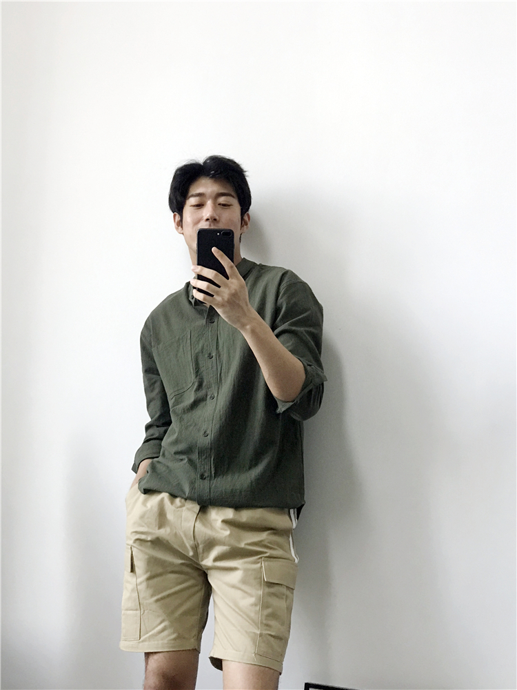 简约百搭男士纯色宽松七分袖白衬衫立领衬衫-14.jpg