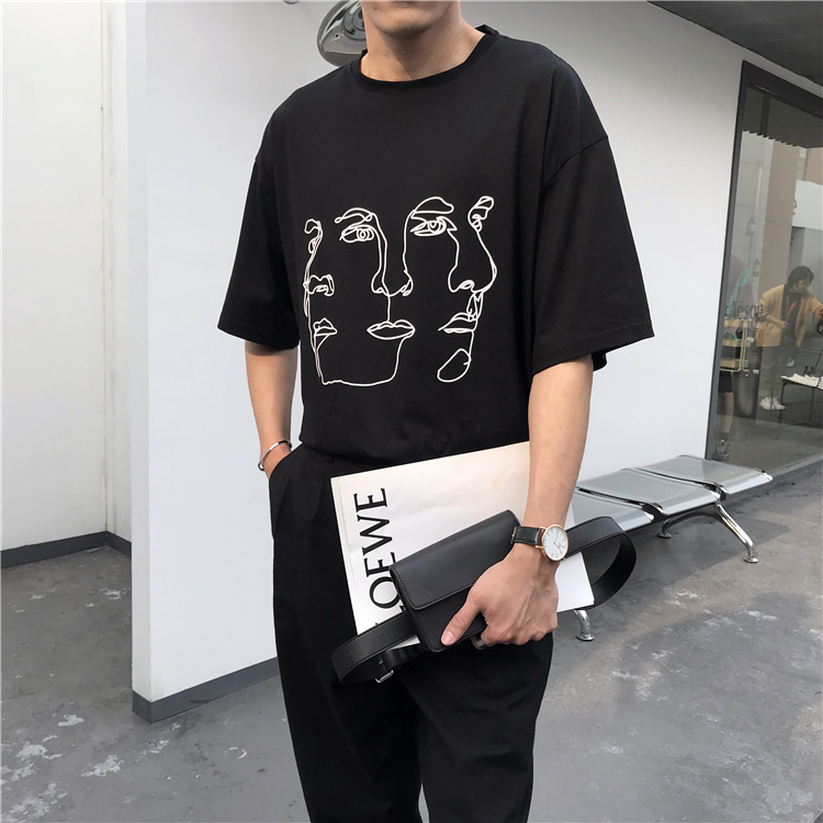2色简约时尚百搭韩风chic人脸勾线设计印花T恤男-7.jpg