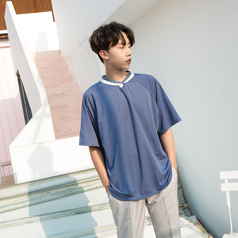春季新款男装宽松韩版撞色V领短袖黑色上衣打底衫男士t恤-17.jpg