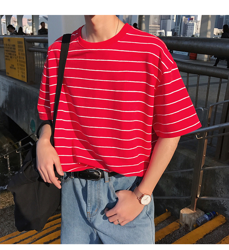 夏季新款男韩版学生中性INS宽松休闲条纹圆领短袖T恤打底衫-2.jpg