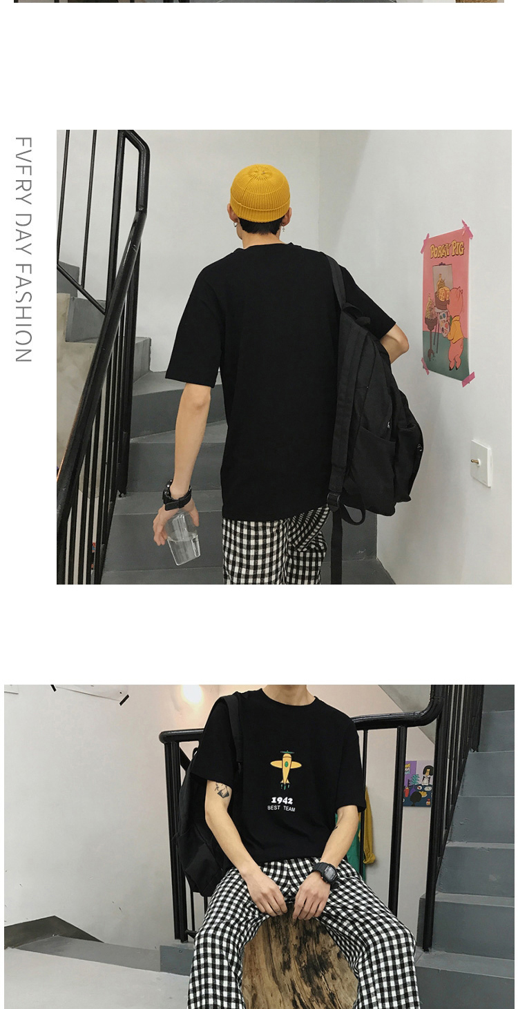韩版夏季新款纯棉文艺青年百搭男装卡通飞机圆领短袖印花T恤情侣-3.jpg
