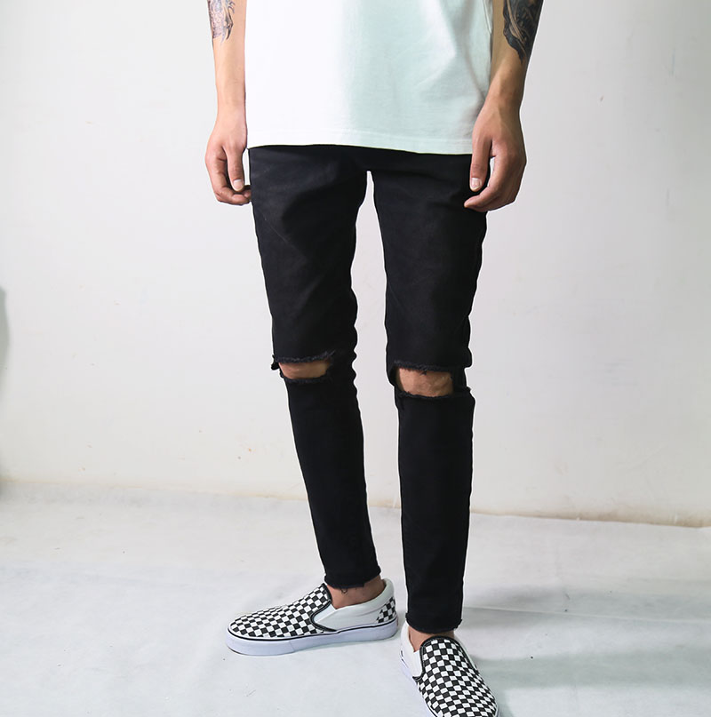 新品高质量Skinny Fit黑色破洞紧身弹力牛仔裤毛边百搭小脚裤-5.jpg