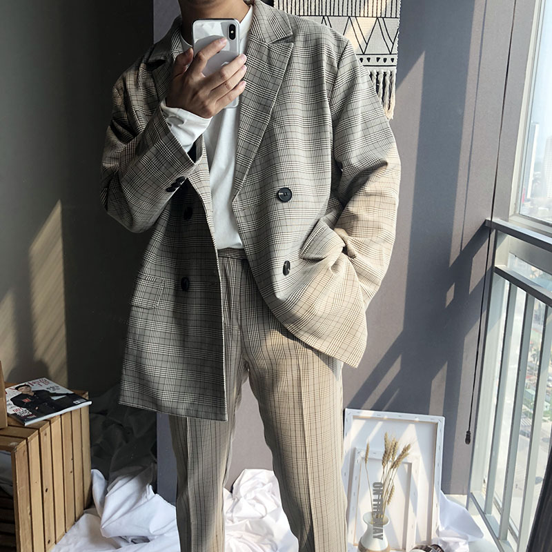 ins红人款 oversize宽松千鸟格西服韩国青年简约复古套装男女同款-3.jpg