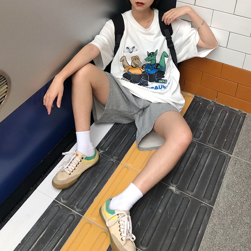 港风恐龙半袖白色t恤女短袖宽松新款港味bf风体恤夏-20.jpg