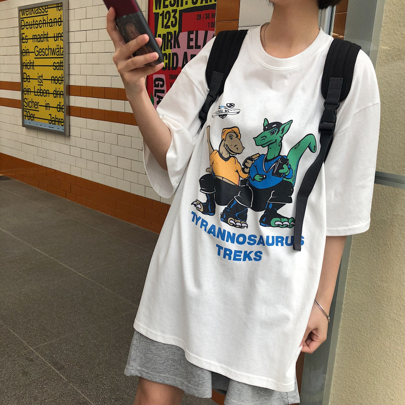 港风恐龙半袖白色t恤女短袖宽松新款港味bf风体恤夏-21.jpg