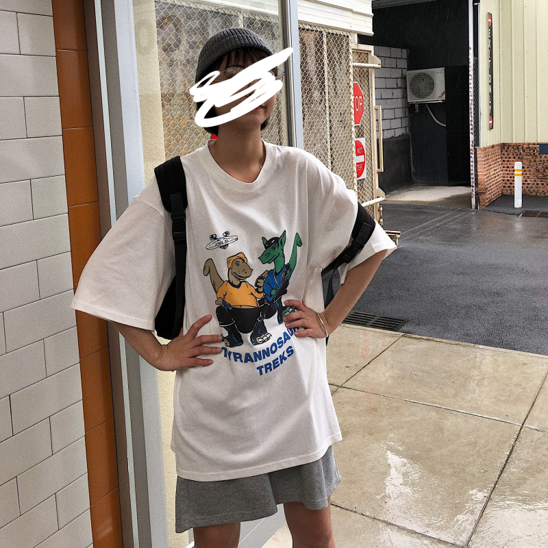港风恐龙半袖白色t恤女短袖宽松新款港味bf风体恤夏-39.jpg