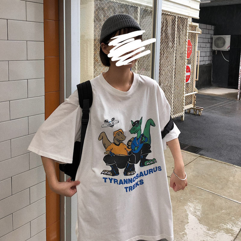 港风恐龙半袖白色t恤女短袖宽松新款港味bf风体恤夏-44.jpg