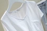 白色短袖t恤女夏季新款韩版宽松显瘦毛边v领竹节棉半袖体桖